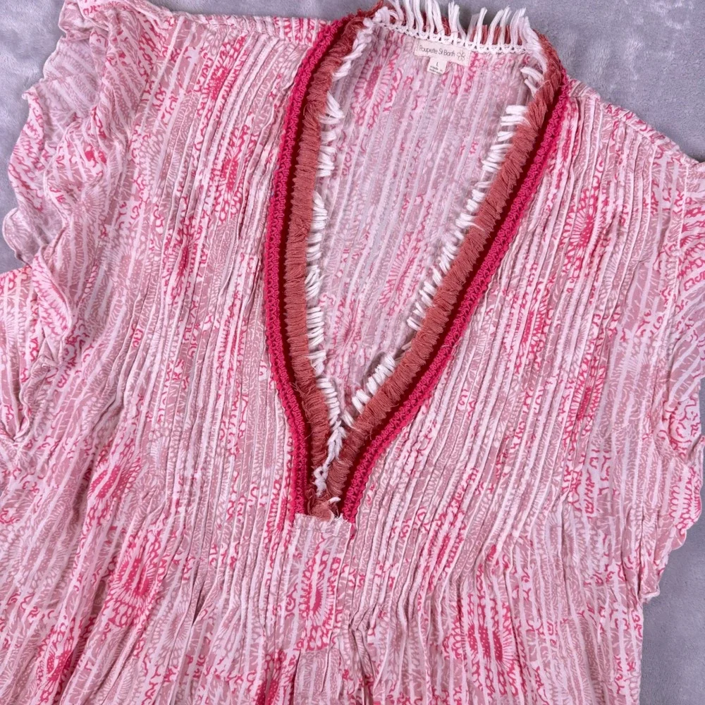 Poupette St Barth Pink Batik Print Fringe V-Neck Mini Dress Womens Large L Boho